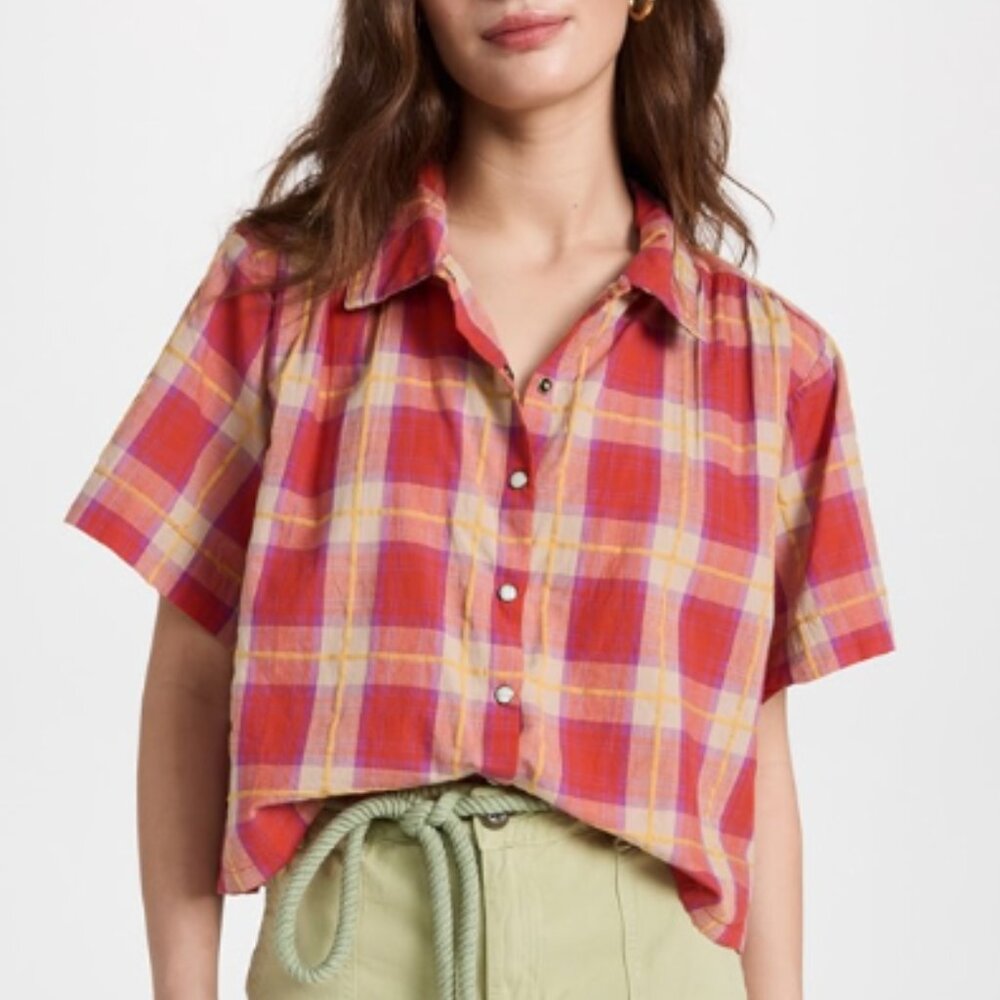 THE GREAT. Plaid Button-Up Shirt in Red and Yellow